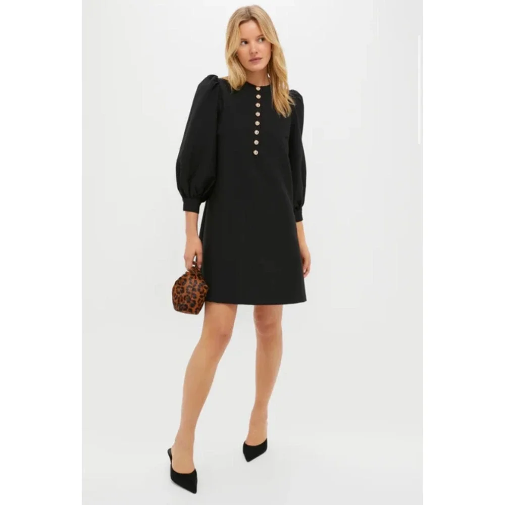 Pomander Place Samantha Mini Dress Black Puff Sleeve Gold Button Womens Small